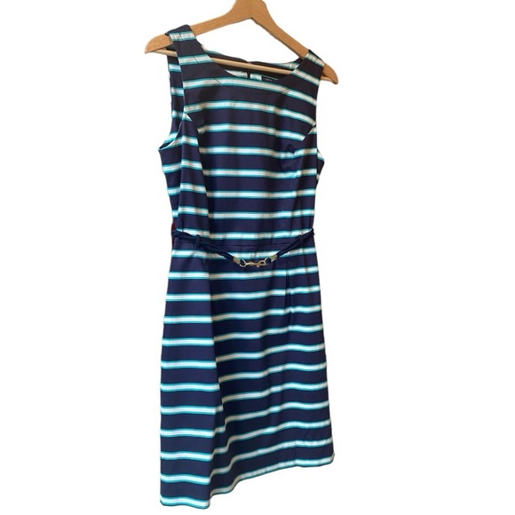 Tommy Hilfiger Blue White Striped Belted Sleeveless Sheath Dress Size 10 - Picture 2 of 9